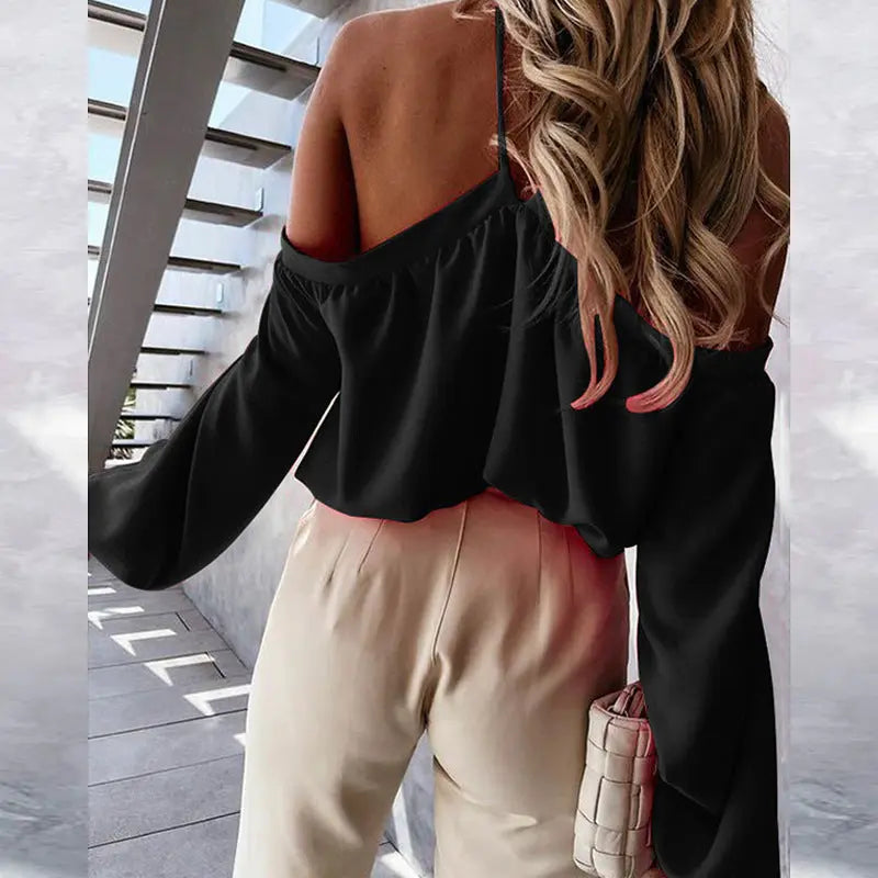 2023 Spot Autumn New Women's Clothing Solid Color Off-the-shoulder Hanging Neck Long-sleeved Fashion Casual Top T-shirt