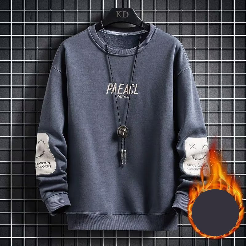 Streetwear sweatshirt featuring ‘PAEACL LONDON’ printed on the front, sleeve patches with additional branding, and available in four colors—red, black, grey, and white—perfect for urban fashion lovers.