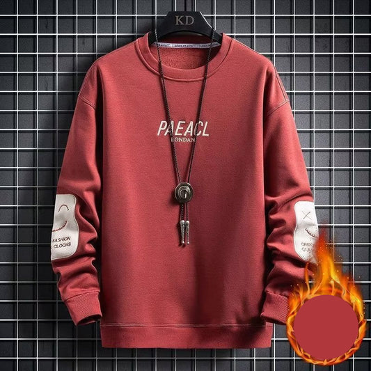 Streetwear sweatshirt featuring ‘PAEACL LONDON’ printed on the front, sleeve patches with additional branding, and available in four colors—red, black, grey, and white—perfect for urban fashion lovers.