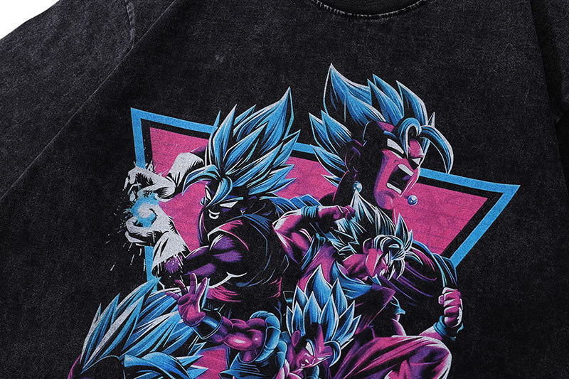 Harajuku Hip-Hop Japanese Animation Cartoon Printed Washed Short-Sleeved T-Shirt For Men And Women Street Fashion Brand Half-Sleeved Tee Shirt