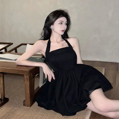 New Pure Desire Black Neck Sling Dress With Halter Waist Elegant Sexy A- Line Dress Women's Small Black Dress