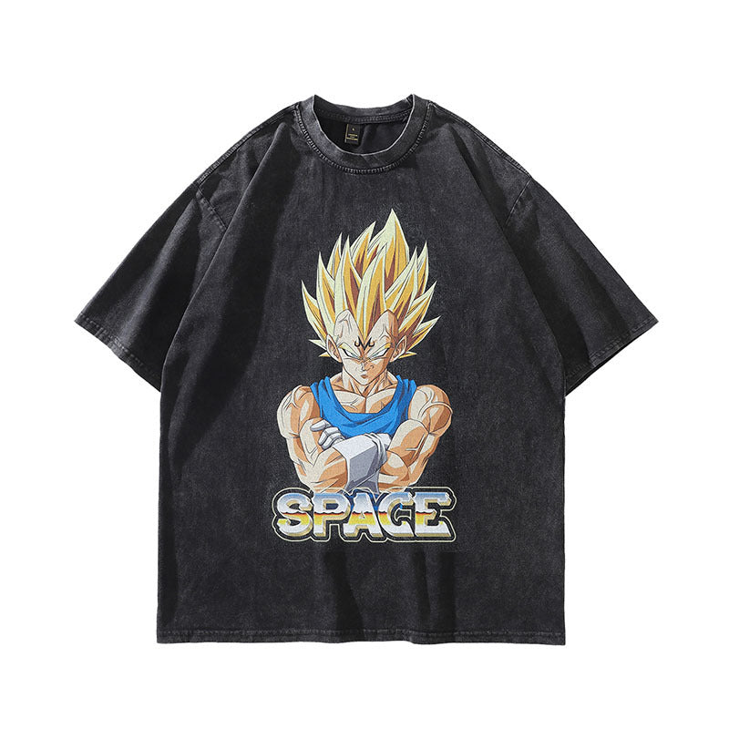 Harajuku Hiphop Vintage Cartoon Cartoon Print Washed Distressed Short Sleeve T-shirt Men And Women Street Half Sleeve Tee