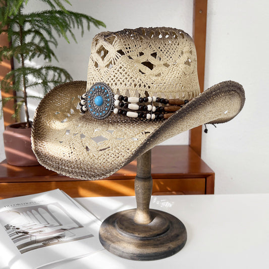 Hollow Straw Knight Hat Women&#039;s Summer National Style Sunscreen Sun Hat Western Cowboy Straw Hat Men&#039;s Mountaineering Sun Visor Hat