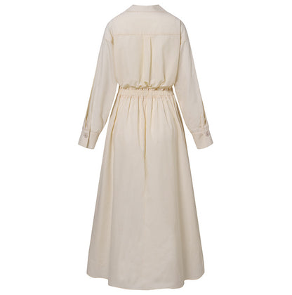 Elegant Long Sleeve Shirt Dress with Pockets - Maxi Waist Tie Dress Plus Size