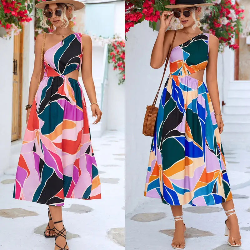 Women's Wish Hot Sale One-shoulder Sleeveless Waist Hollow Dress