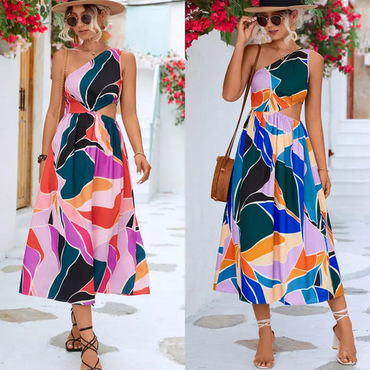Women's Wish Hot Sale One-shoulder Sleeveless Waist Hollow Dress