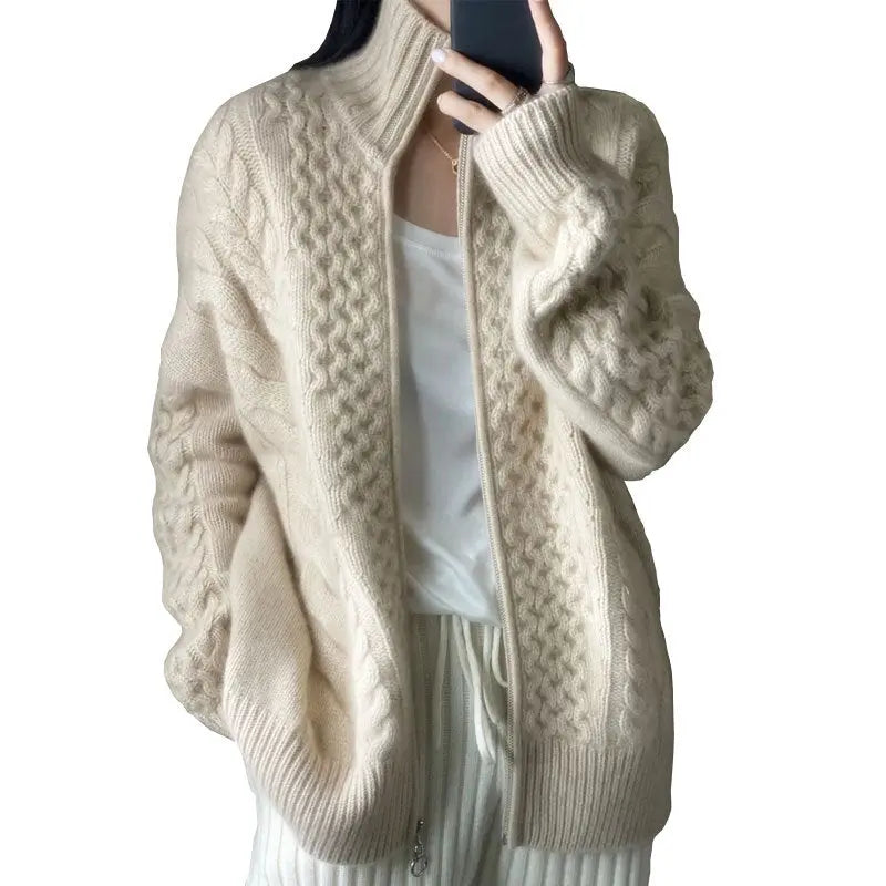 Heavyweight Thick Cashmere Sweater Women's Turtleneck Zipper Sweater Cardigan Lazy Loose Short Wool Knitted Top Coat