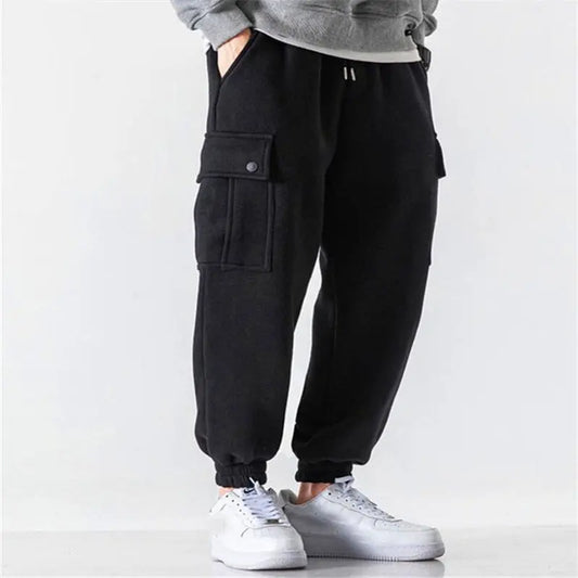 Snap Button Men's Casual Trousers Plus Fleece Warm Autumn And Winter Cropped Overalls
