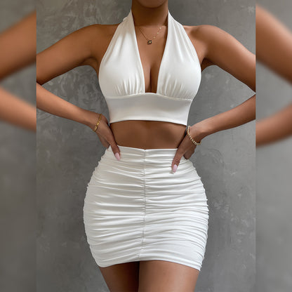Women&amp;#039;s Two-piece Halterneck Tie Wrap Hip Skirt Sexy Umbilical Exposed Pleated V-neck Suspender Skirt