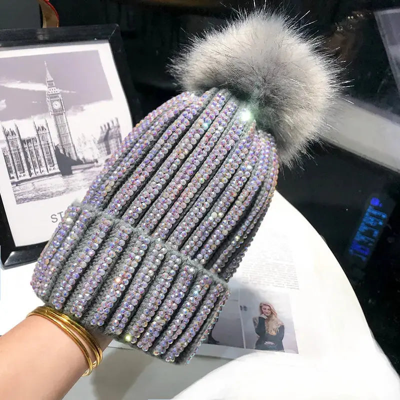 Knitted Woolen Hat Women's Bright Diamond Matching Fur Ball Hat All-match Winter Plus Velvet Thickened Warm Pullover Hat Cold Hat Women