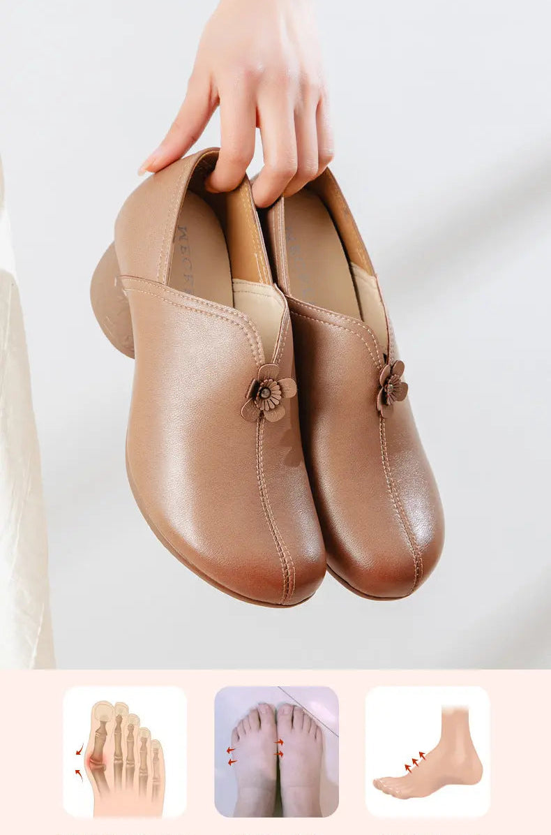 A pair of tan slip-on shoes held by a hand against a light background, and three inset foot-wearing demonstration photos at the bottom.