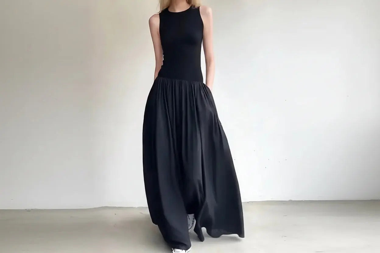 Versatile Round Neck Mid-length Dress Ribbed Solid Color Casual Large Skirt Design Waist Sleeveless Long Skirt Summer
