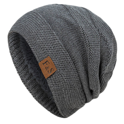 New F &amp; S Fleece-lined Wool Cap Winter Knitted Solid Color Stitch Logo Horizontal Strip Warm Pullover Cap Cross-border In Stock
