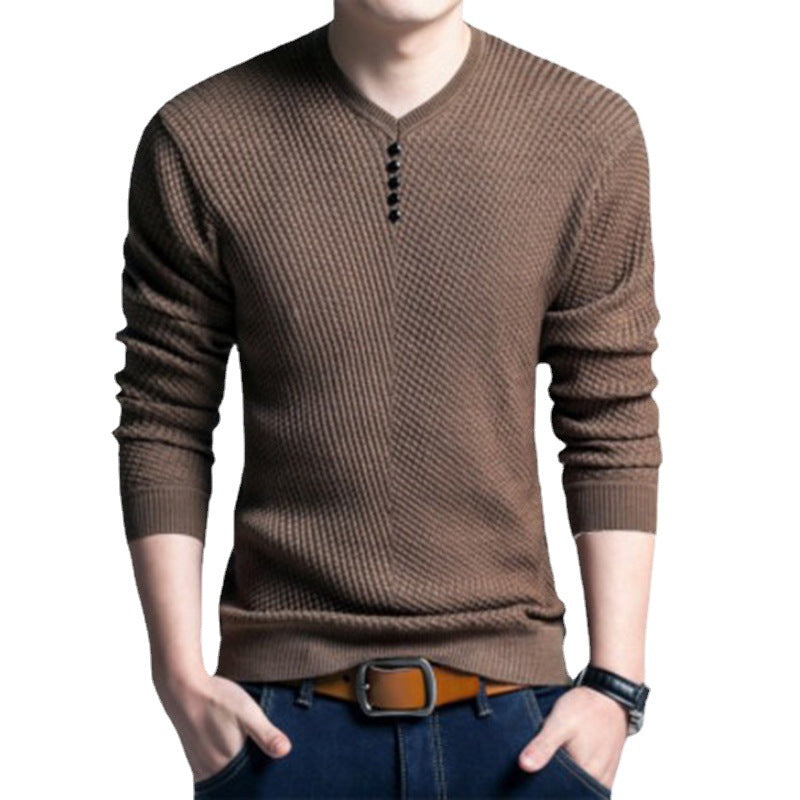 Casual Youth Velvet Thickeneded Pure Color Knitwear V Neck Knitwear T-Shirt Pullover Bottoming Shirt Export Large Size Men's Clothing