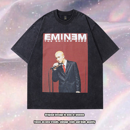 American-style Hiphop Retro Fashion Brand Eminem Printed High Street Washed Old Cotton Heavy Short-sleeved T-shirt For Men