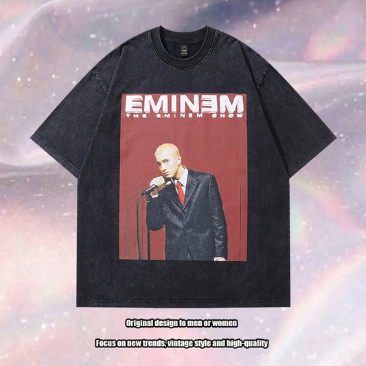 American-style Hiphop Retro Fashion Brand Eminem Printed High Street Washed Old Cotton Heavy Short-sleeved T-shirt For Men