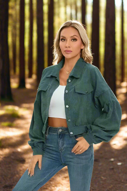 Amazon 2023 European And American Autumn And Winter Casual Lapel Corduroy Jacket Lantern Sleeve Single Breasted Short Jacket Women&#039;s Clothing