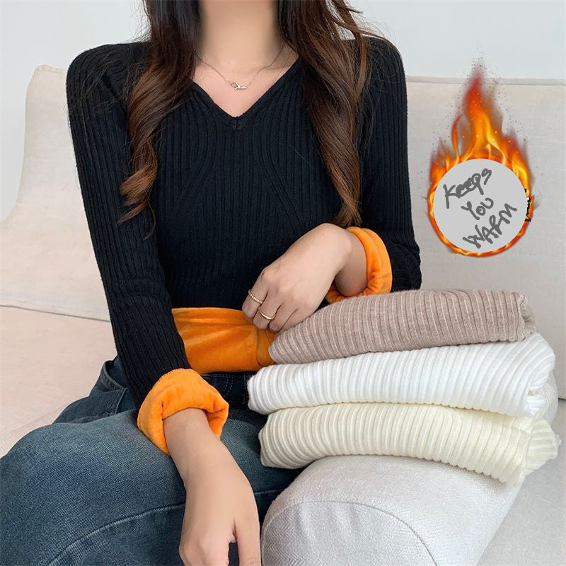 Fleece-lined Low Collar Knitted Bottoming Shirt For Women Autumn And Winter Western Style Tight Slimming Short Black Thick Sweater