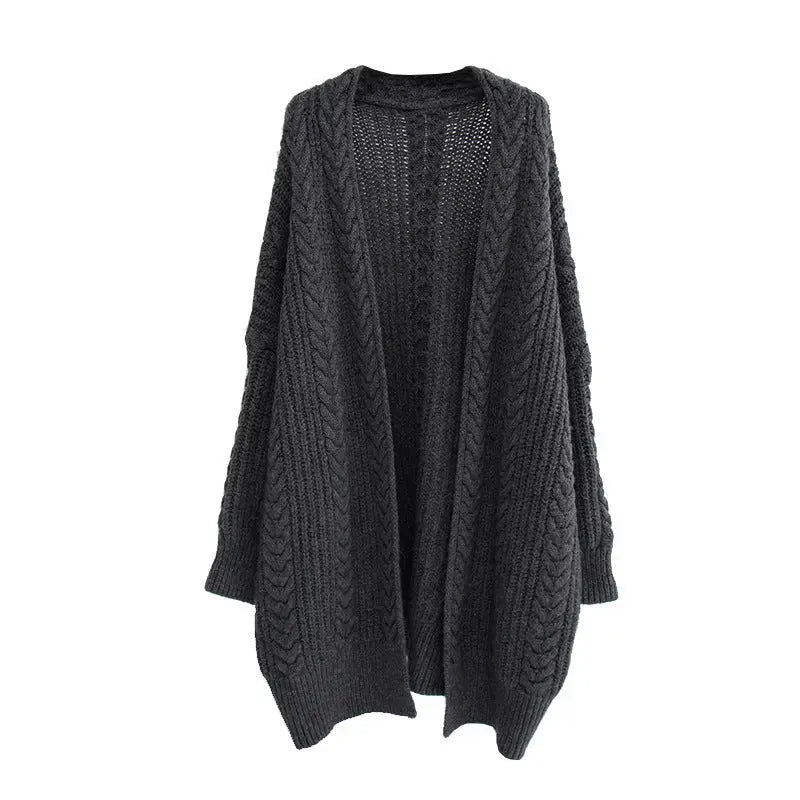 A dark gray open-front cable-knit cardigan sweater with a crew neck and long sleeves, shown against a plain white background.