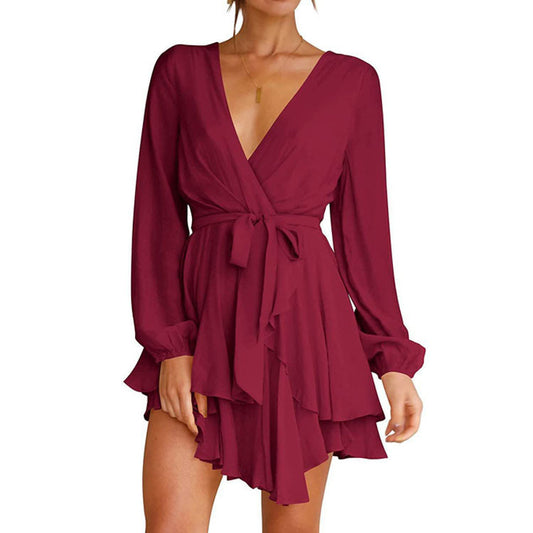 Deep V Neck Long Sleeve Dress Waist Tie Pleated Mini Skirt Skate Skirt