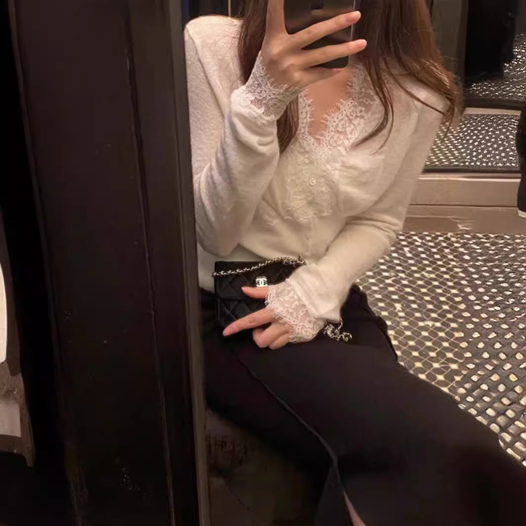 White V-neck Lace Sweater Women's White sweater with intricate floral lace detailing around the neckline and cuffs, styled with delicate accessories—elegant, cozy, and perfect for both casual and dressy outfits.High-grade Inner Wear Chic Unique Beautiful Sweater Bottoming Shirt