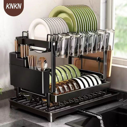 2-Tier Stainless Steel Dish Rack with Drainage System – Modern Kitchen Organizer & Drying Stand
