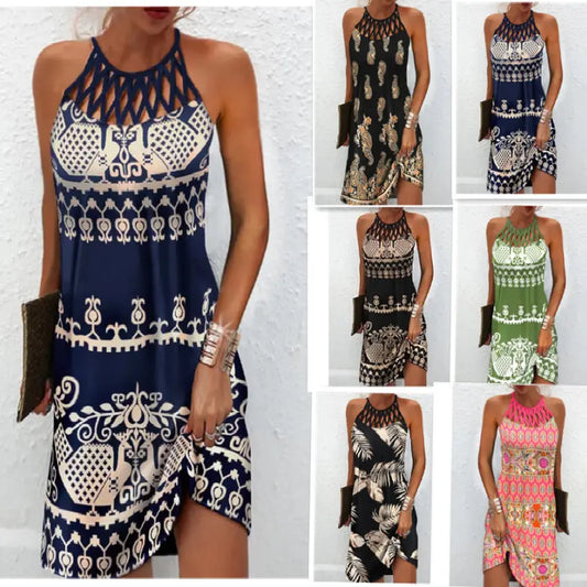 Cross-border New Women's 2023 European And American Spring And Summer Round Neck Retro Hollow Collar Slim Sleeveless Halter Print Dress