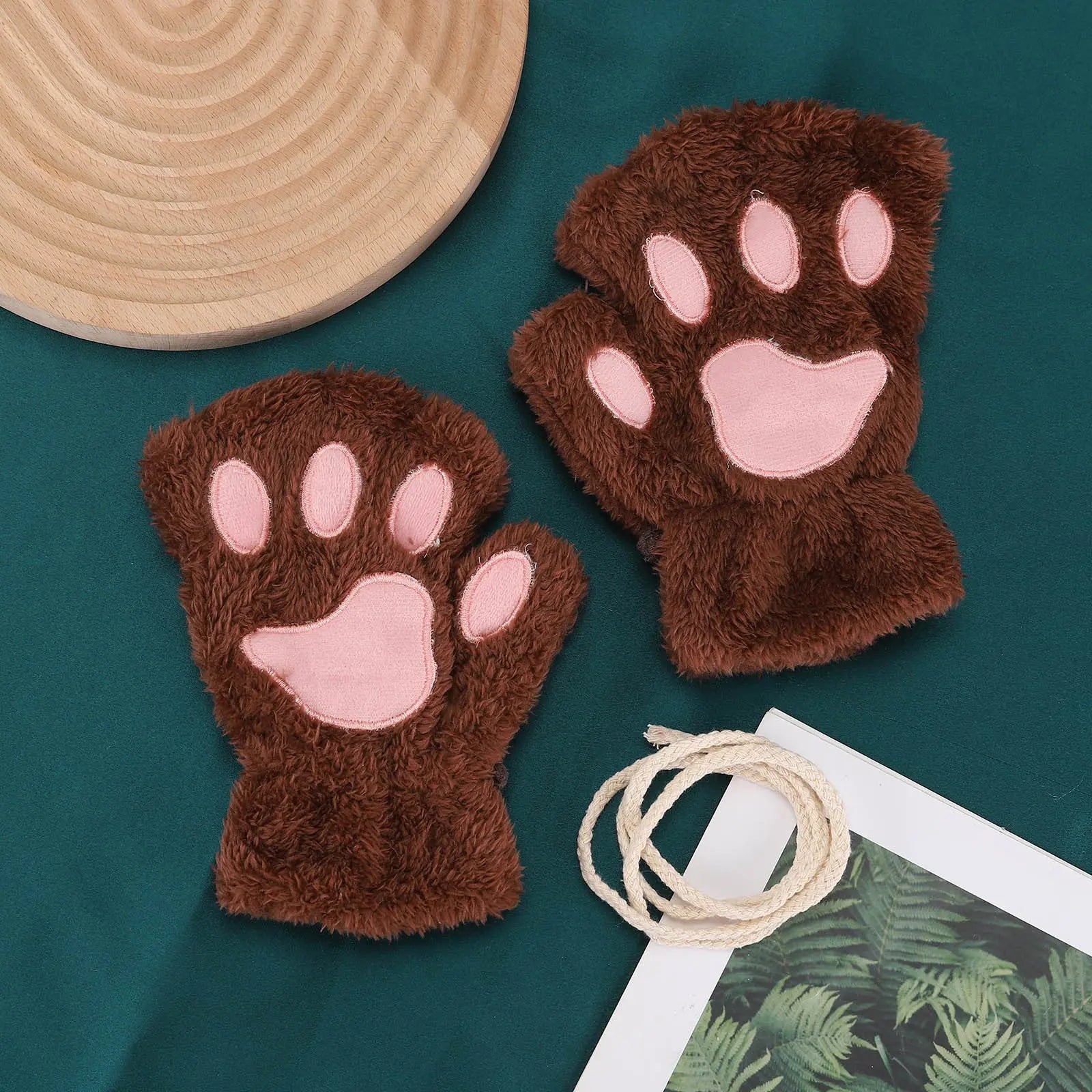 Cat Claw Gloves For Women Winter Korean Style Cute Girls Fingerless Thickened Warm Bear Paw Plush Half Finger Gloves