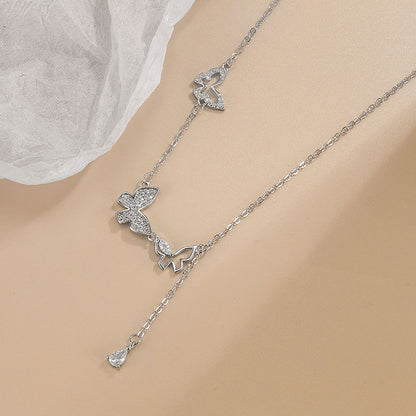 Three Butterfly Tassel Necklace Diamond-embedded Zircon High-grade Daily Simple All-match Niche Female Valentine's Day Clavicle Chain