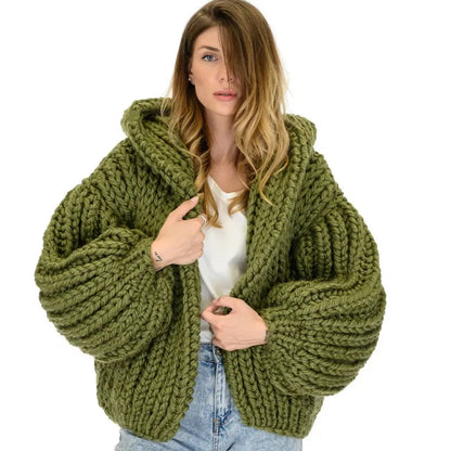 Loose Lazy Style Hooded Sweater Handmade Stick Needle Women's Knitted Cardigan Sweater