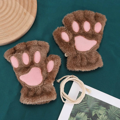 Cat Claw Gloves For Women Winter Korean Style Cute Girls Fingerless Thickened Warm Bear Paw Plush Half Finger Gloves