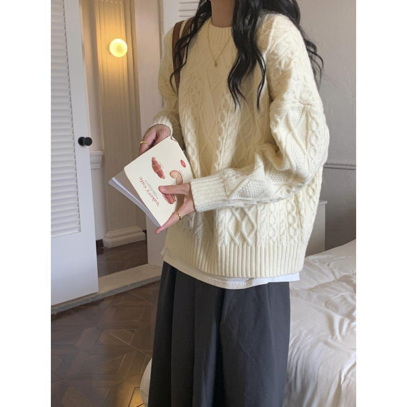 KANING New Year Red Twist Sweater Women's 2024 Autumn And Winter New Retro Lazy Style Crewneck Pullover Sweater