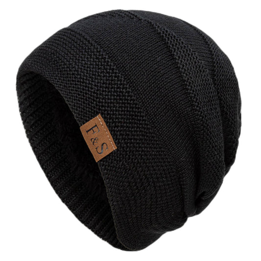 New F &amp; S Fleece-lined Wool Cap Winter Knitted Solid Color Stitch Logo Horizontal Strip Warm Pullover Cap Cross-border In Stock