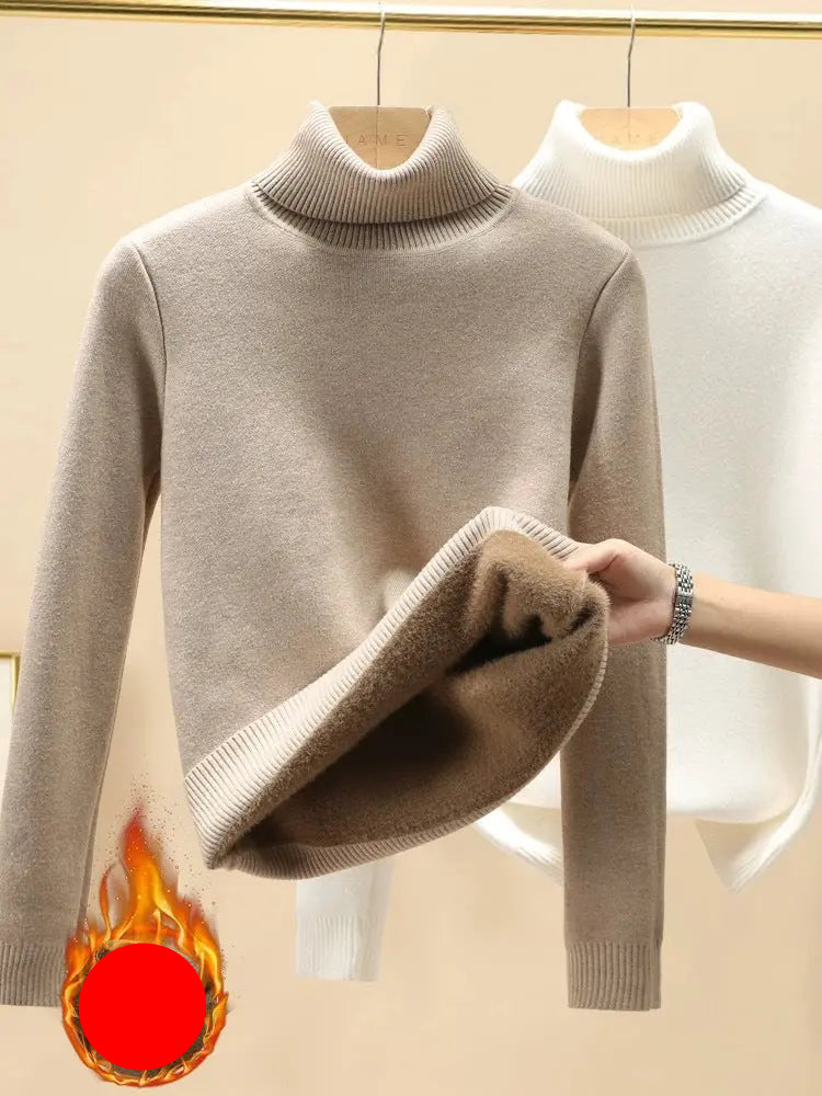 Fleece-lined Thickened Turtleneck Sweater Women's New Inner Warm One-piece Fleece Base Shirt Red New Year Sweater For Autumn And Winter