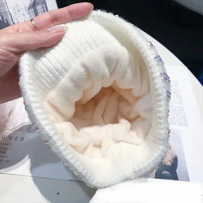 Knitted Woolen Hat Women's Bright Diamond Matching Fur Ball Hat All-match Winter Plus Velvet Thickened Warm Pullover Hat Cold Hat Women