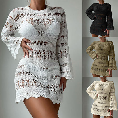 New 2025 Beach Blouse Hollow Mesh Long Sleeve Sunscreen Hawaiian Holiday Bikini Blouse