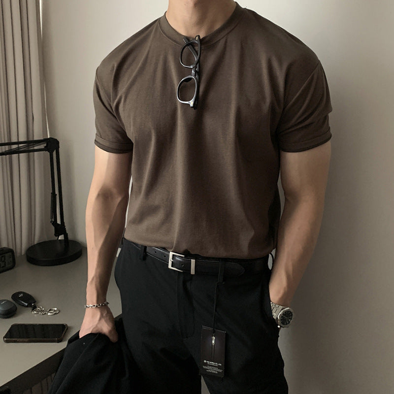 Summer New Solid Color Base Shirt Round Neck Short-sleeved T-shirt Trendy Casual Cotton Inner Small Neck All-match