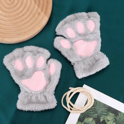 Cat Claw Gloves For Women Winter Korean Style Cute Girls Fingerless Thickened Warm Bear Paw Plush Half Finger Gloves
