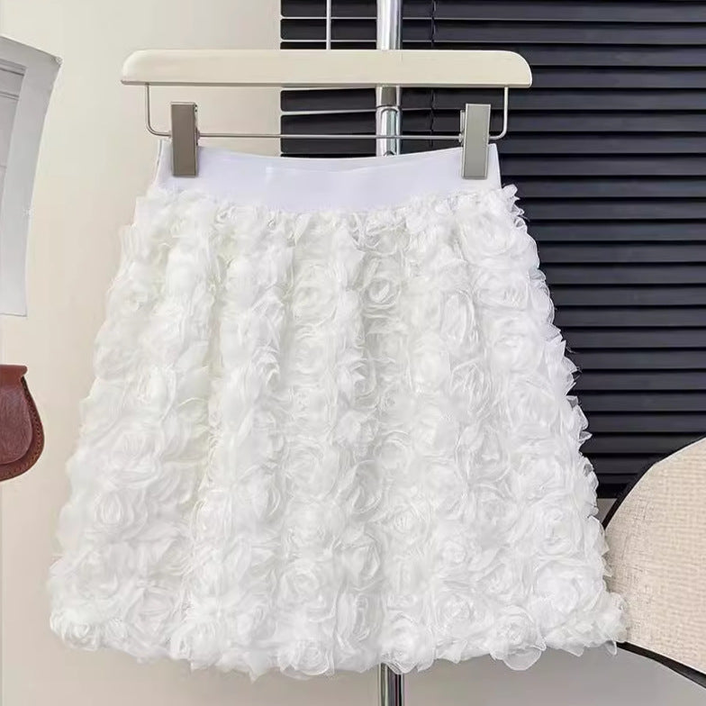 South Korea Elegant White High Waist Three-Dimensional Rose Decorative Feminine Skirt Sweet Age-Reducing A- Line Hip Skirt