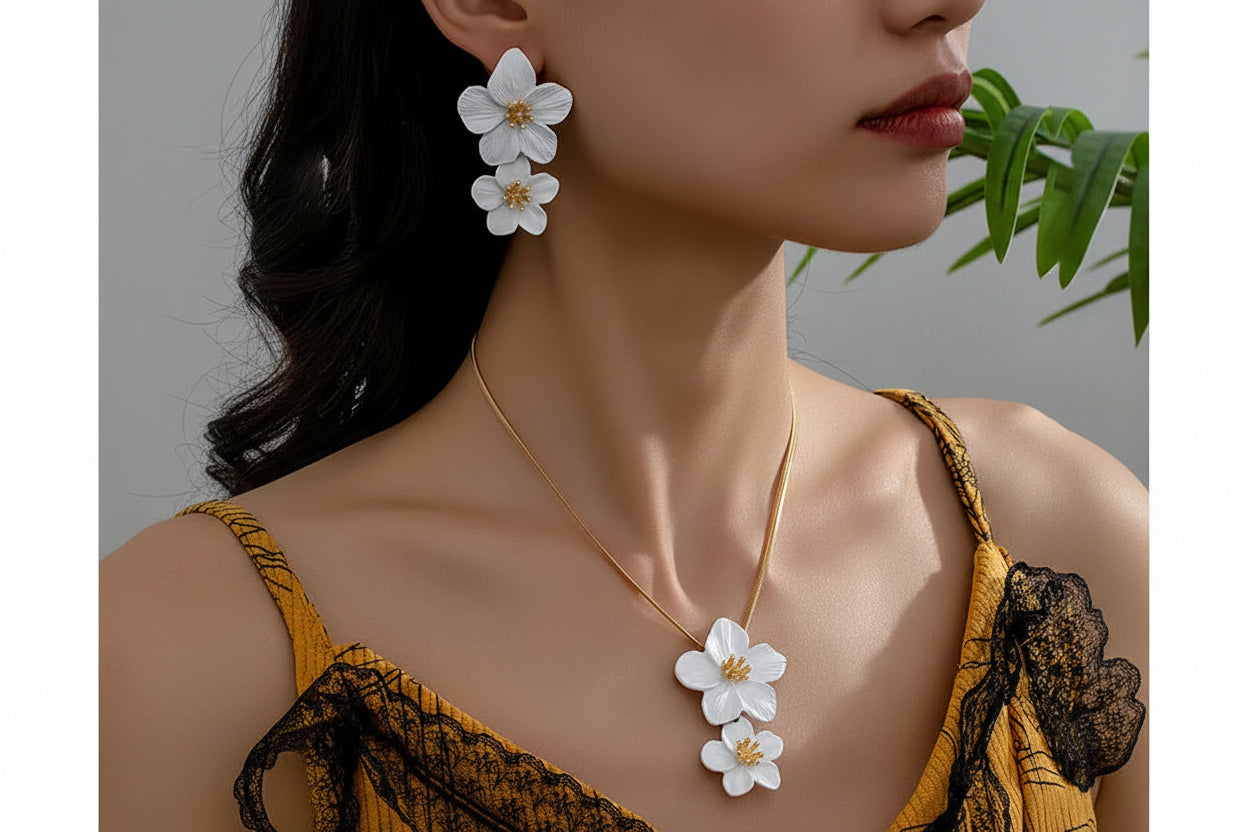 3 Piece Set Painted Flower Pendant Necklace Stud Earrings Suit Women Wear Holiday Travel Party Attendance