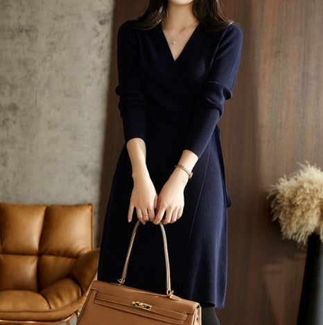 V-neck Knitted Dress Women&#039;s Autumn And Winter French Retro Slim Mid-length Skirt Tie-up High Waist Bottoming Sweater Skirt