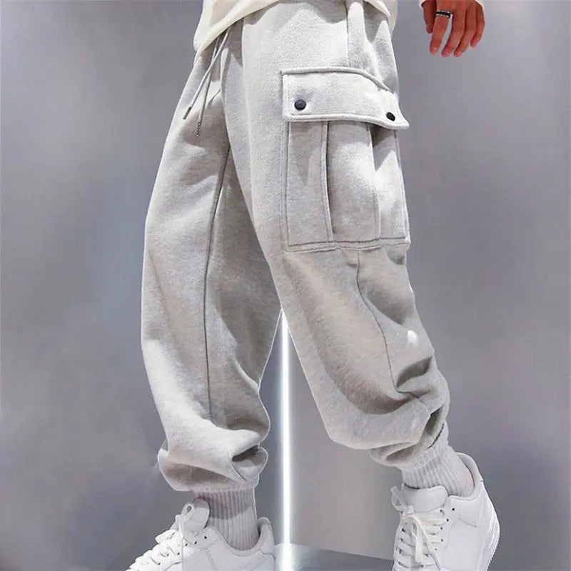 Snap Button Men's Casual Trousers Plus Fleece Warm Autumn And Winter Cropped Overalls