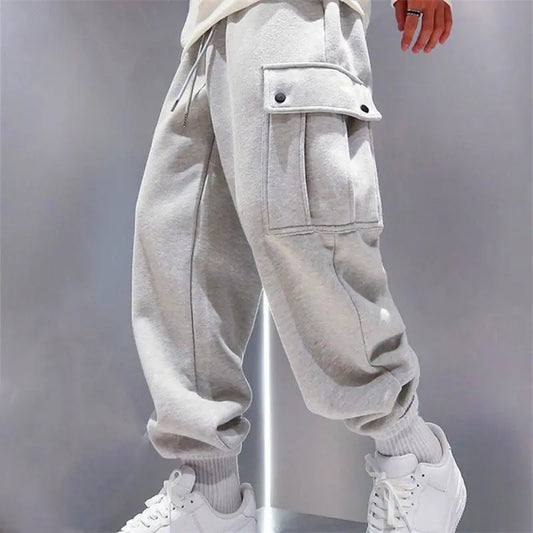 Snap Button Men's Casual Trousers Plus Fleece Warm Autumn And Winter Cropped Overalls