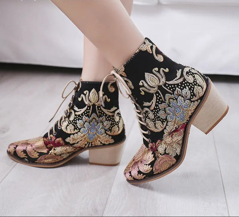 Women's Floral Brocade Lace-Up Block Heel Ankle Boots