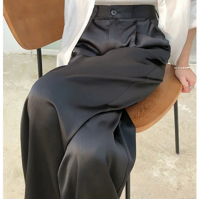 Acetate Satin Straight-leg Wide-leg Pants Women's Pendant Spring And Summer Look Thin Imitation Silk Loose Korean Style Wear Black Long Pants
