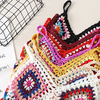 Real Shot Tassel Vest Sling Women&#039;s Summer Ethnic Style Vintage Embroidered Outwear V-neck Travel All-match Knitted Hollow Shirt