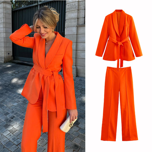 Women&#039;s Clothing French Style With Belt Dress Small Suit Jacket + Casual Trousers Suit