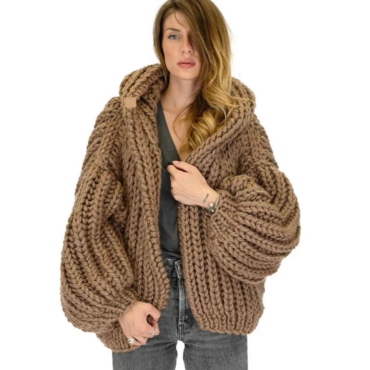 Loose Lazy Style Hooded Sweater Handmade Stick Needle Women's Knitted Cardigan Sweater