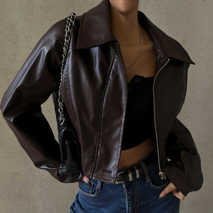 Autumn New Style Retro Temperament Lapel Zipper PU Leather American Casual Jacket