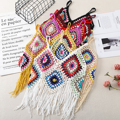 Real Shot Tassel Vest Sling Women&#039;s Summer Ethnic Style Vintage Embroidered Outwear V-neck Travel All-match Knitted Hollow Shirt